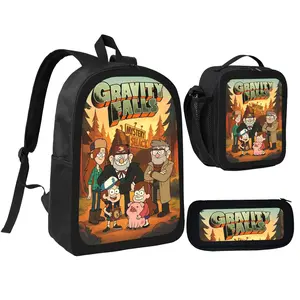 Gravity Falls Animated Film Inspired 3-Piece Children's Backpack Set, Includes Lunch Bag & Pencil Case, 600D Oxford Cloth, Adjustable Shoulder Straps, Ideal for School & Outings
