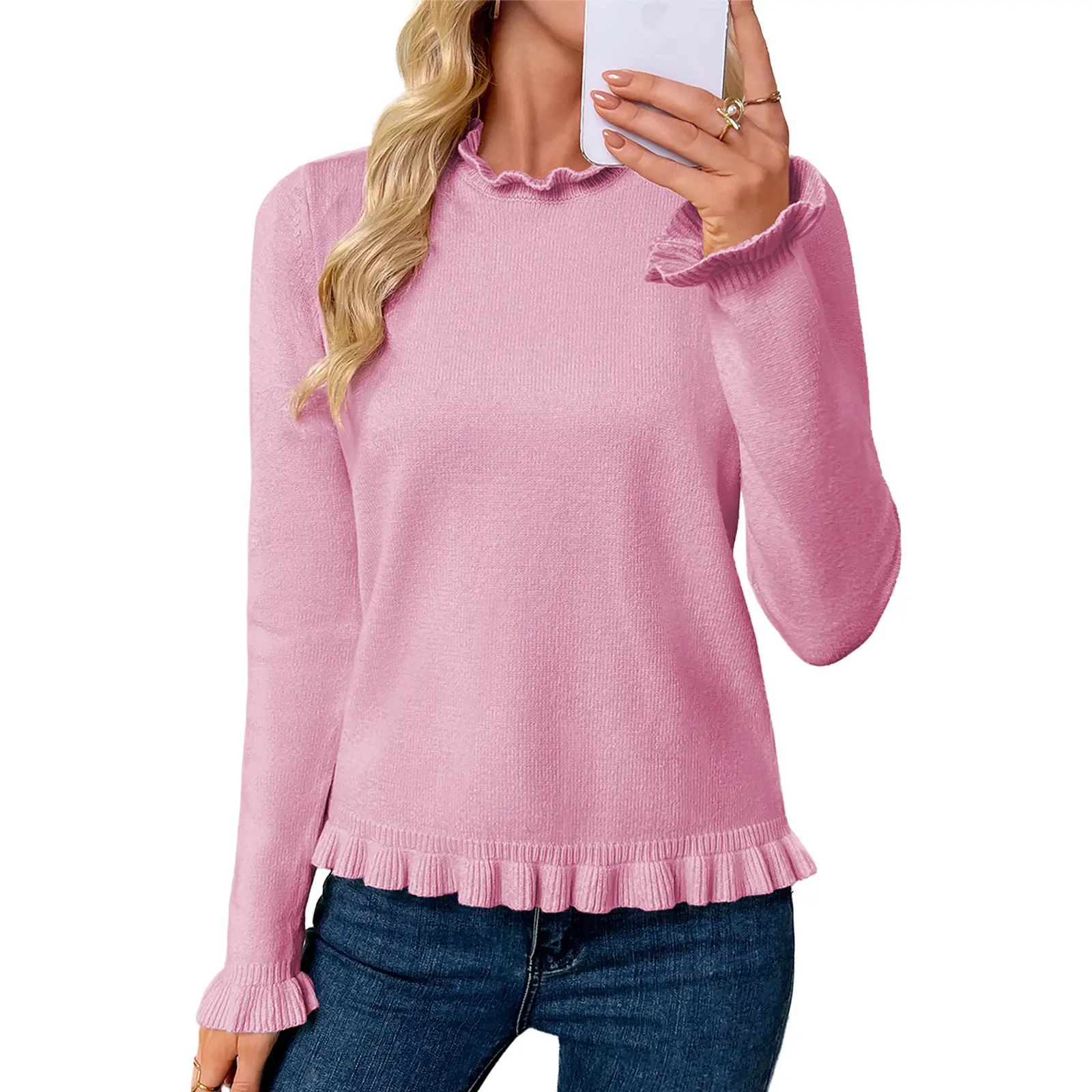 EVALESS Sweaters for Women Cute Peplum Tops Dressy Ruffle 2026 Fall Outfits Soft Peplum Tops,Ruffle Sleeves & Neckline Sweaters,Mock Neck Fall Winter Pullover Tops,Dressy Casual Knit Teacher Outfits