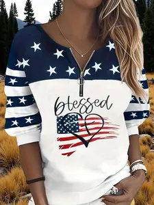 L Autumn/Winter 2025: Women's Stylish Hoodies with Flag and Stripe Prints Linen Shirt with Blessed Design Featuring American Flag Heart Pattern Womenswear Sweatshirts Tops Casual low  cut  shirt modest  going  tops Vneck White