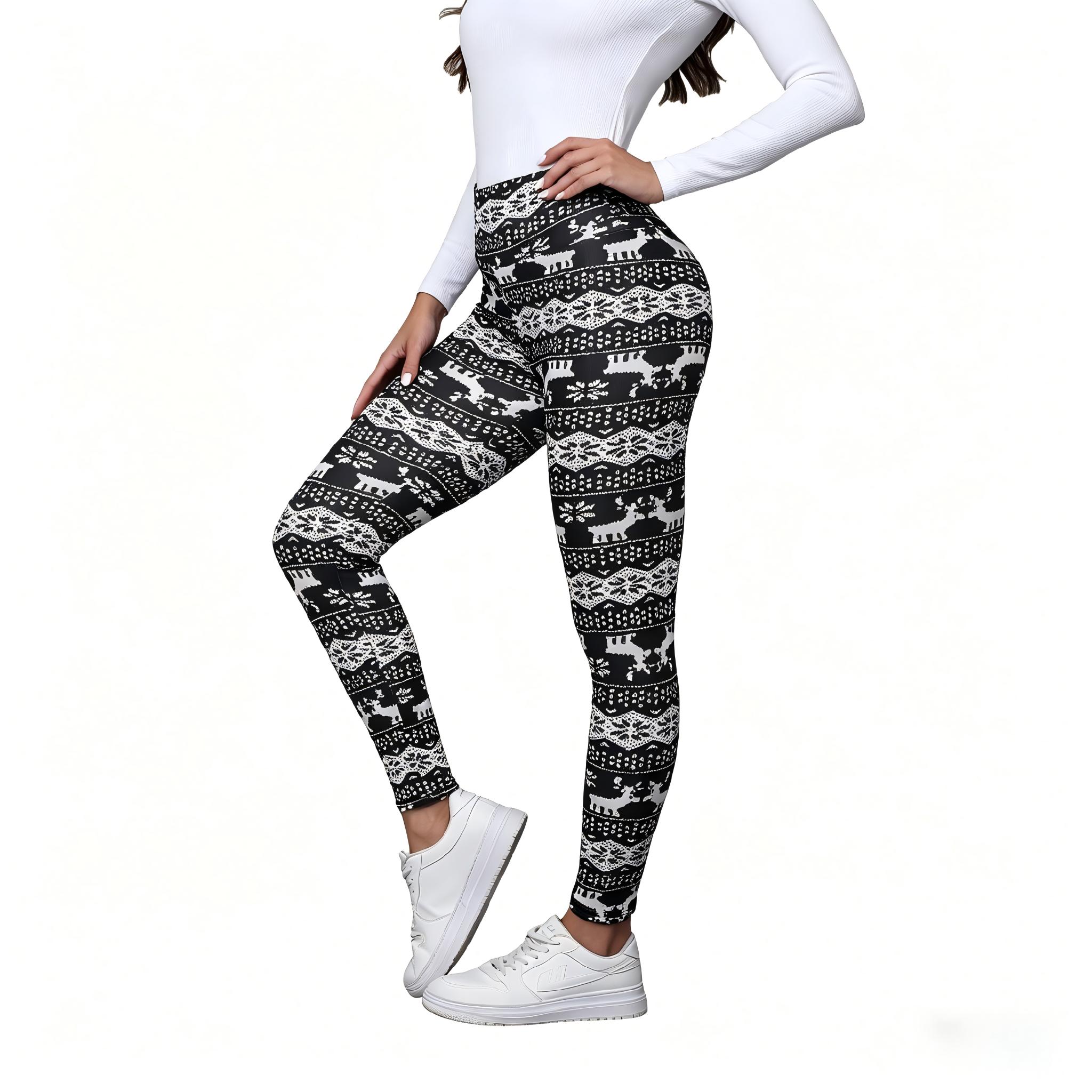 Women's Winter High Waist Plaid Fleece Lined Pants with Snowflake & Reindeer Pattern Elastic Warm Lamb Velvet Nine-Point Leggings Casual Fashion Fit S-XXL