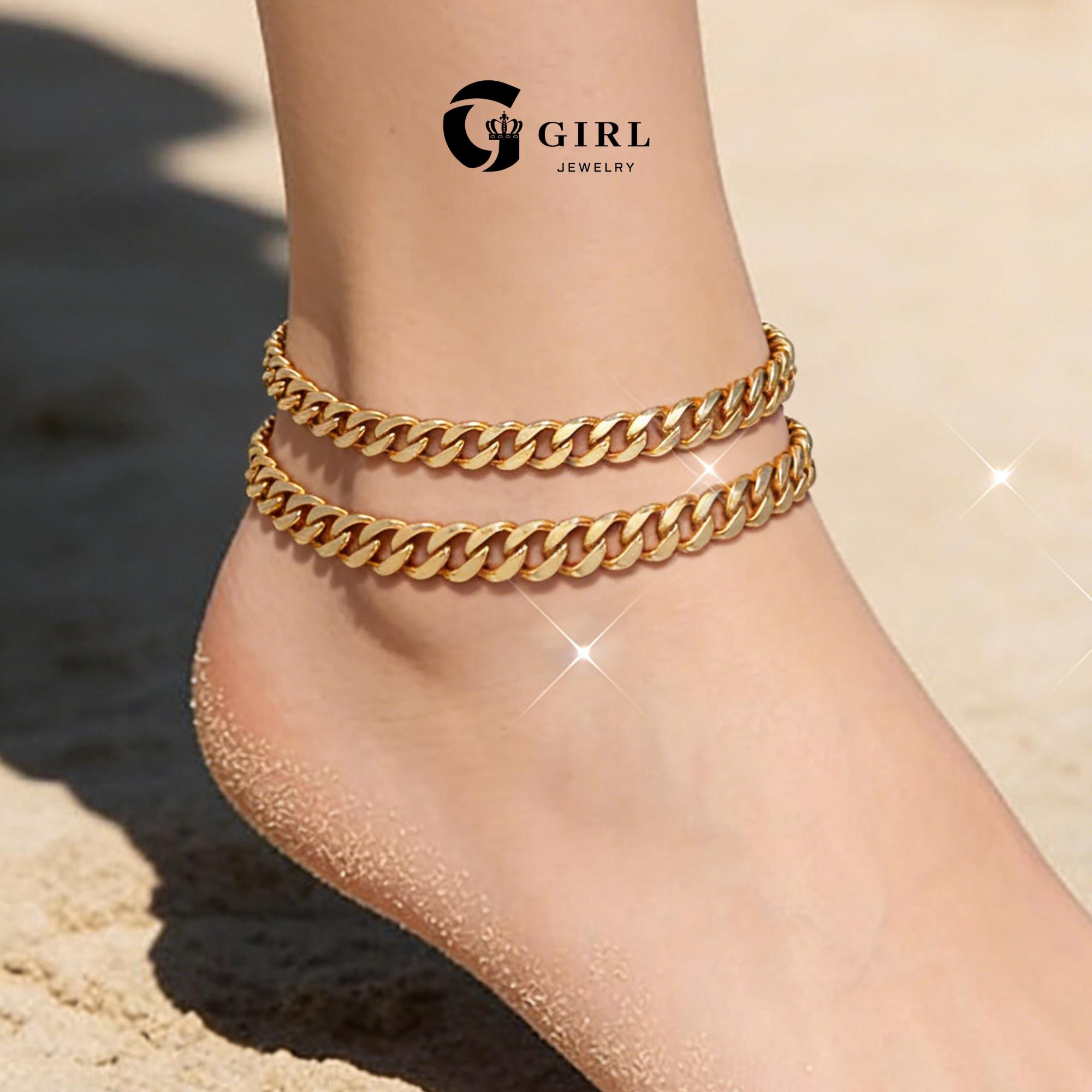 GGIRL 2Piece/Set Double-layer Chunky Cuban Link Chain Anklet for Women and Man Waterproof Adjustable Length Fashion Chic Foot Accessories For Party /Beach Stainless Steel Trendy Layered Anklet Summer Jewelry Set Gift
