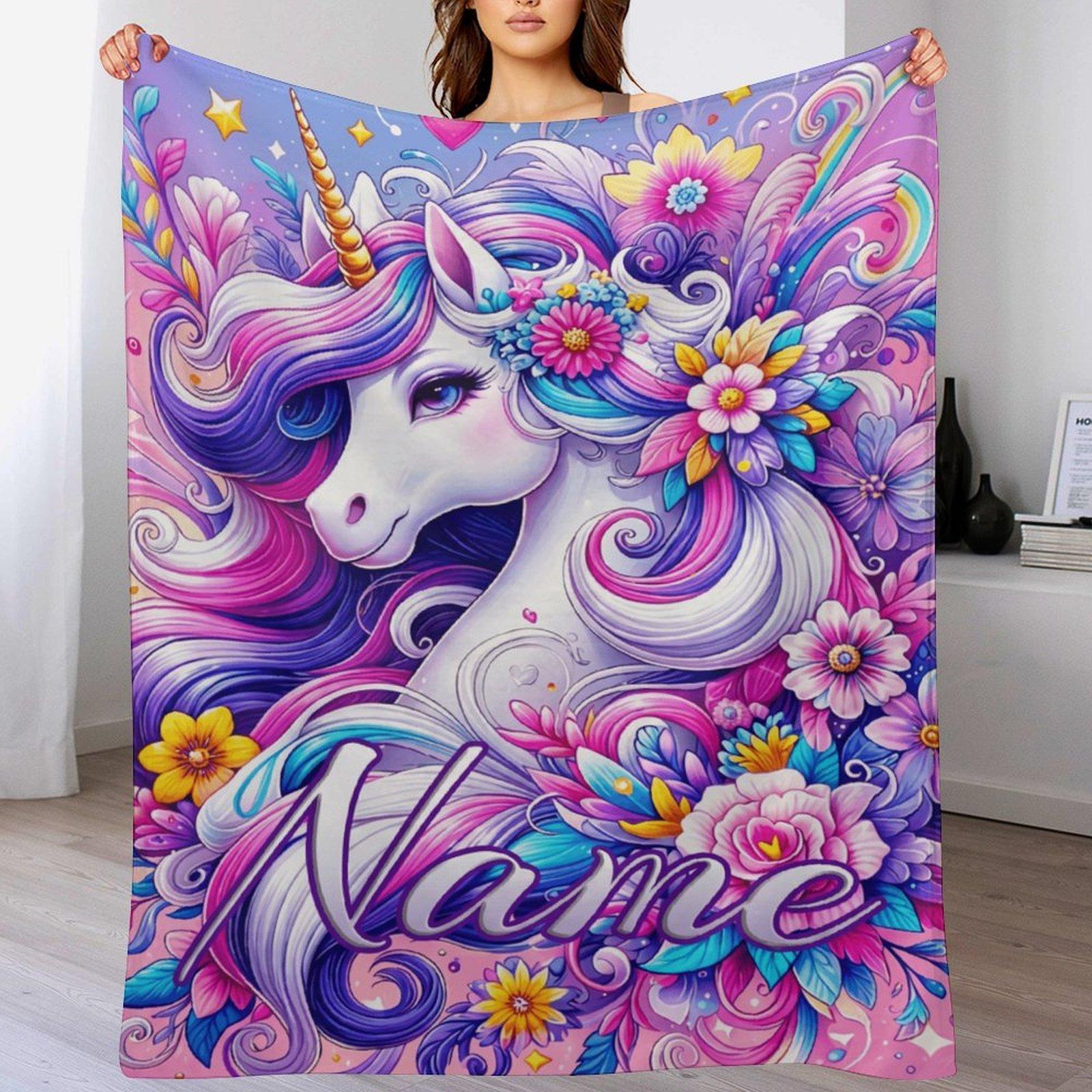 Custom Pink Unicorn Flannel Blanket ,Personalized Name Gift ,Suit for The Sofa, Bed, Travel, Camping, Living Room, Office, Chair，Gifts for Family or Child  ,Friend , Send your custom text via shop chat to personalize