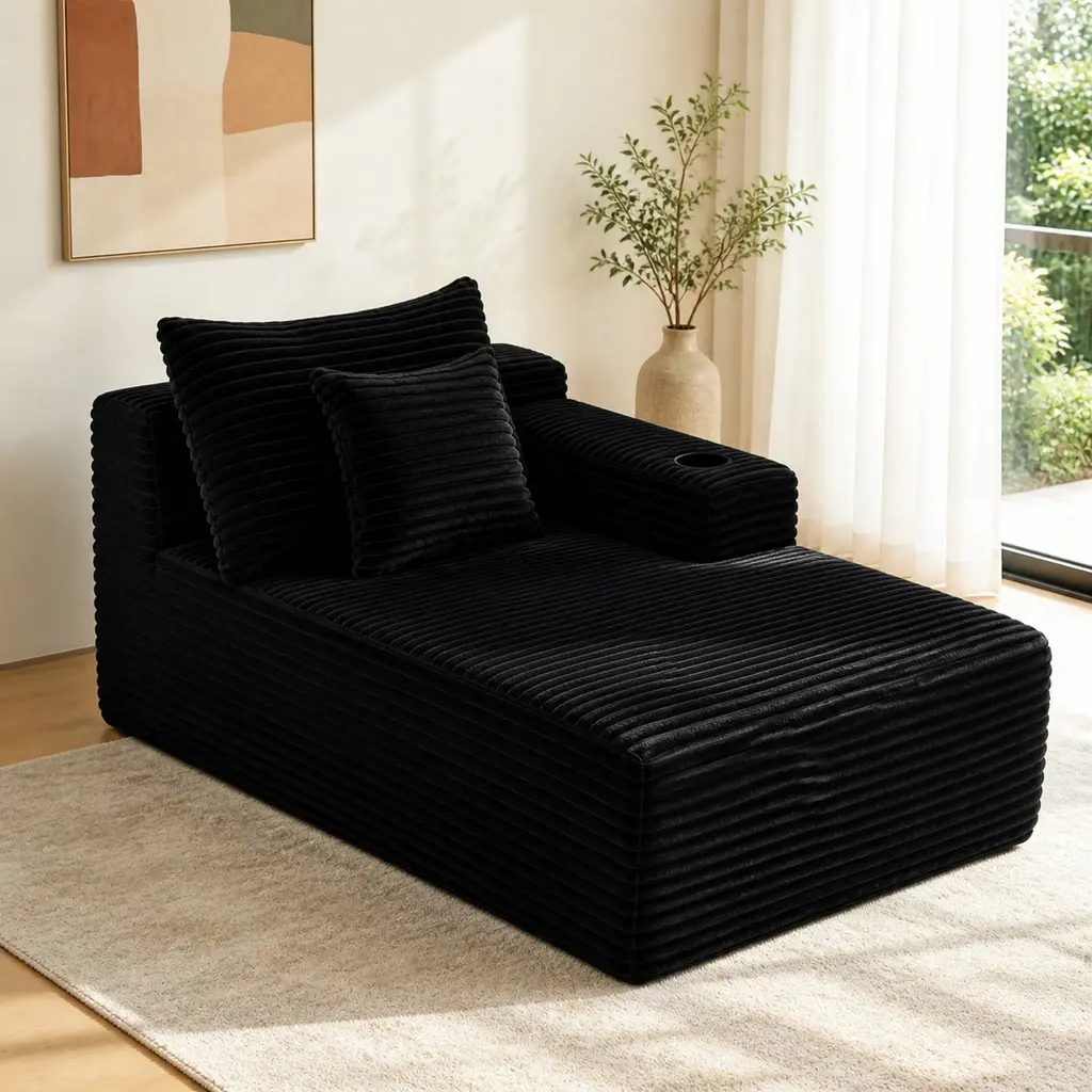 37.5 Inch Right Chaise Lounge Sofa with Cup Holder Plush Black Velvet Fabric Living Room Sectional Couch Single Seat No Assembly Needed Spring Foam Support 39Wx66Dx33H, Black Color Options, Fabric/Foam+Spring Material, 1 Seat Seat Count