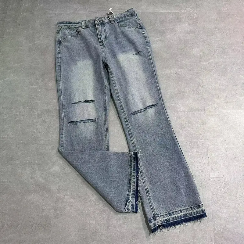 Wash Ripped Bootcut Denim Pants Unisex Mid Rise Slim Fit Split Raw Hem Denim Classic Pocket Design Retro 90s Y2K Urban Daily Flare Jeans