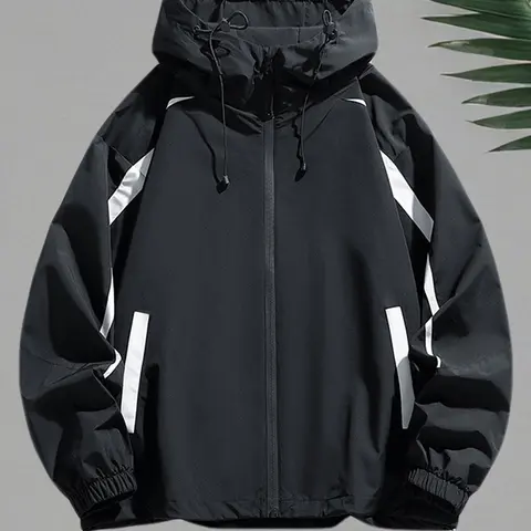 Men's Colorblock Zip Up Hooded Jacket, Regular Fit Casual Long Sleeve Drawstring Outerwear for Spring & Fall, Men's Clothes for Daily Wear Coats