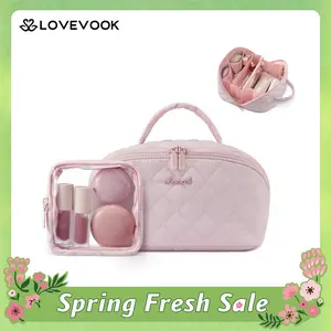 LOVEVOOK Travel Makeup Bag for Women,180° Lay-Flat Puffer Quilted Cosmetic Organizer,Portable Waterproof Toiletry Bag for Woman,Slanted Opening Make Up Bag for Everyday Use,TikTokShopSpringStatements