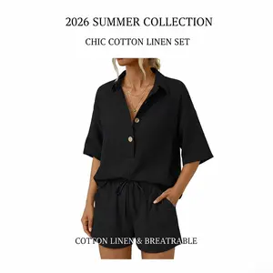 Women 2 Piece Linen Short Sets 2026 Summer Vacation V Neck Short Sleeve Beach Outfits Oversized Button Cotton Pjs
