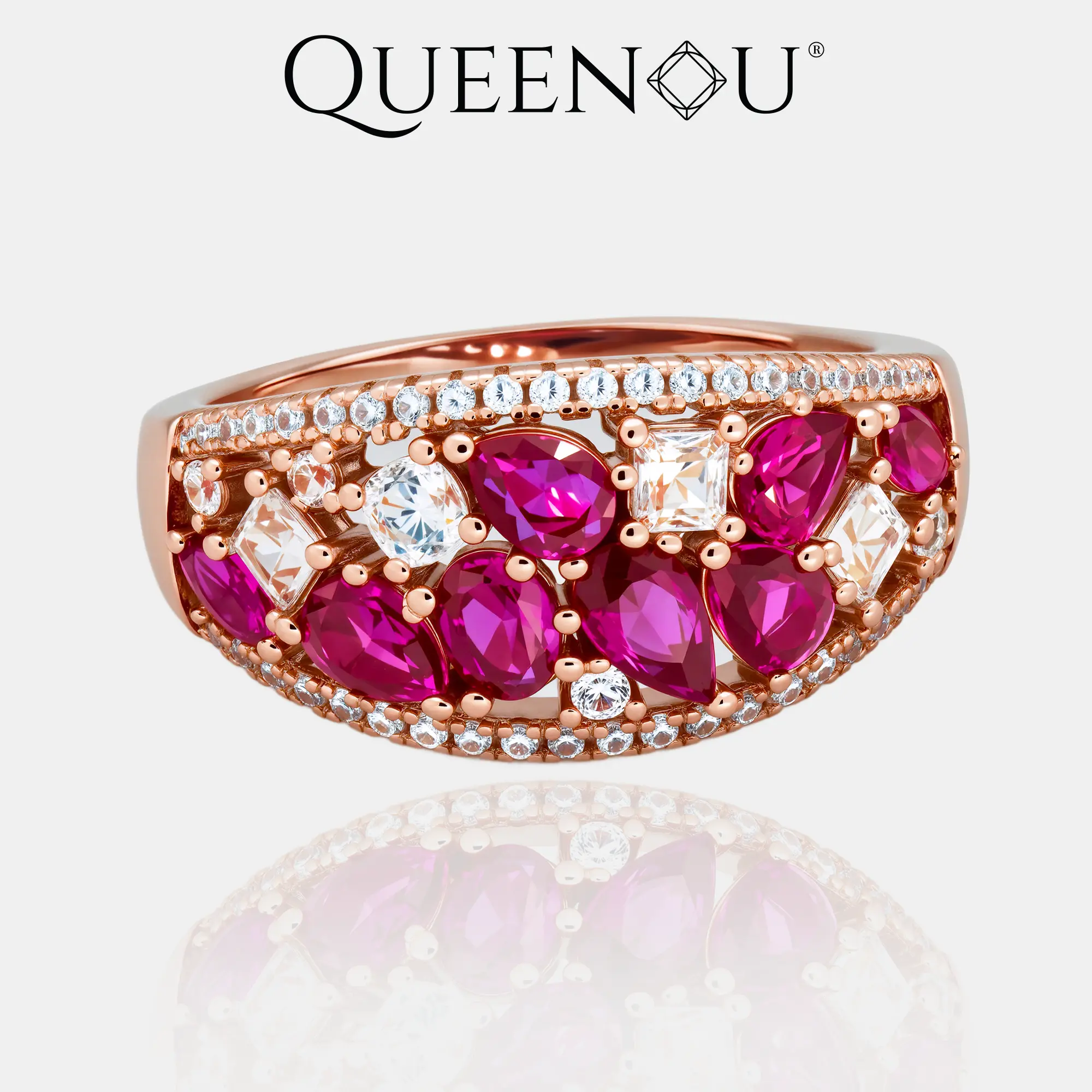 【1013】Color Block Statement Ring | Rose Golden with Red & White Cubic Zirconia in Micro-Pavé Setting