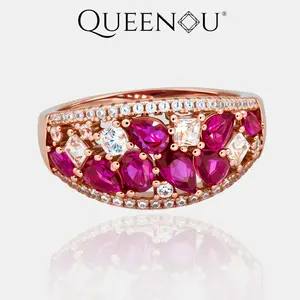 【1013】Color Block Statement Ring | Rose Golden with Red & White Cubic Zirconia in Micro-Pavé Setting