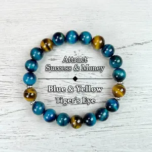 Natural Tiger's Eye Bracelet – Blue & Yellow Crystal Beads for Wealth, Prosperity & Emotional Balance, Unisex Daily Wear, September Birthstone, Meaningful Gift for Mom, Teacher, Nurse, Everyday Jewelry