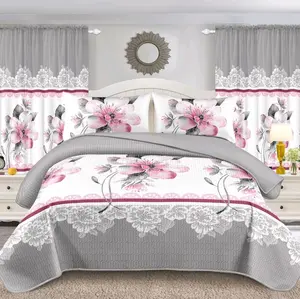 Luxury 5 Pcs Bedding Quilt Set King Size White Pink + Grey - $65