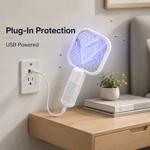 USB Mini Mosquito Swatter, 2-in-1 Portable Electric Bug Zapper Racket, Plug-In & Handheld Fly Swatter with Protective Mesh, USB Powered Indoor Insect Killer for Bedroom, Kitchen, Living Room, Camping, Travel, Patio, Small Space, White/Black Options