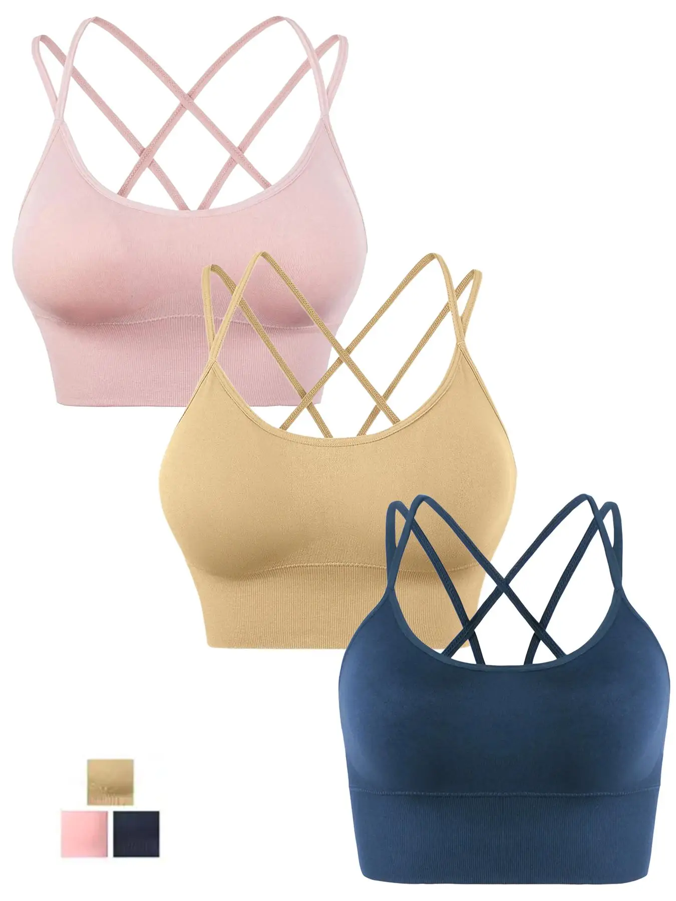 Women's Criss Cross Backless Sports Bra, Seamless Wireless Sports Bra with Padded, Strappy Back Feel Like Skin Crop Sports Tank Tops for Running Train