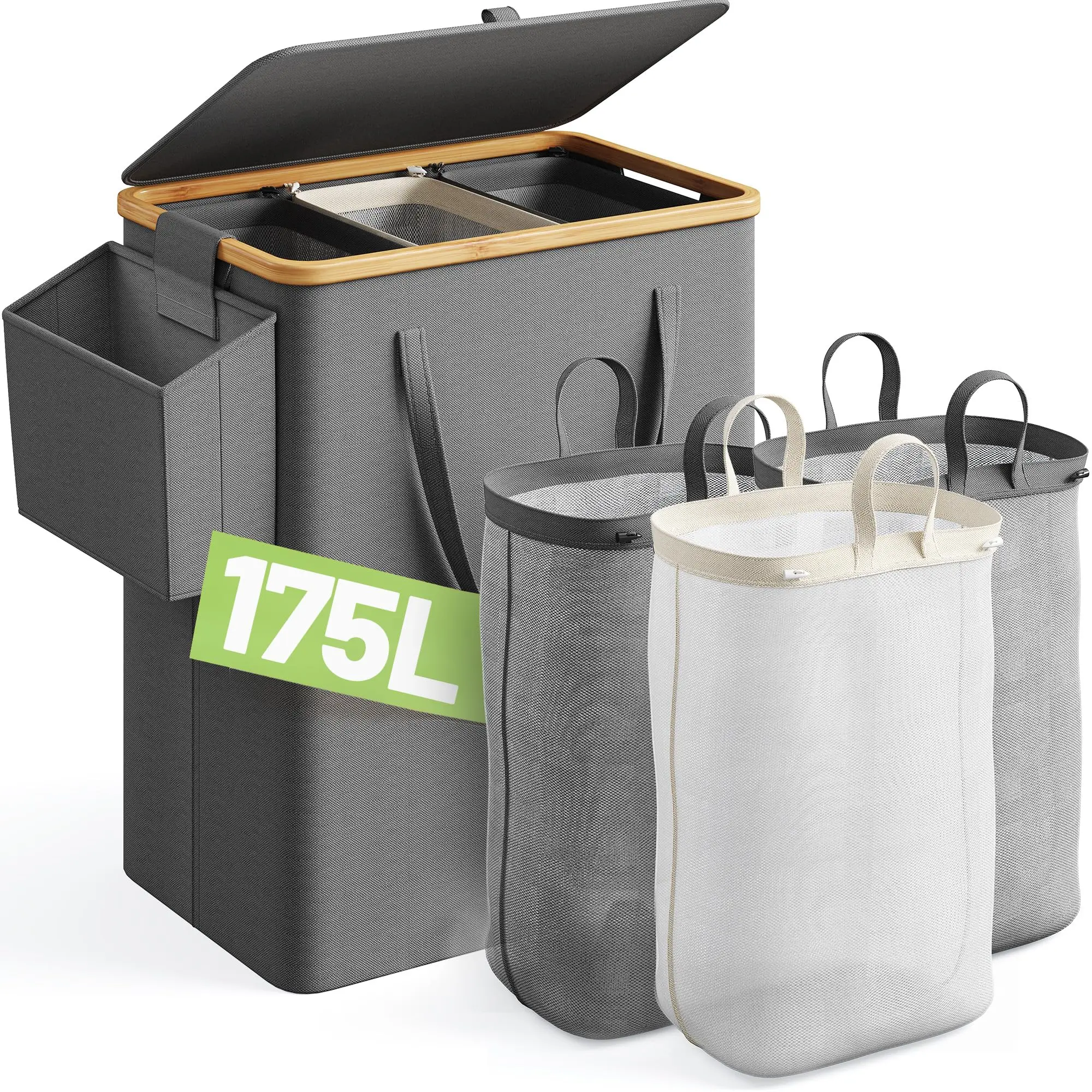 Laundry Basket with Lid, 160L-250L Laundry Hamper,2/3 Section Clothes Hamper, Hamper with Lid with Removable & Washable Bags Collapsible Hampers for Bedroom, Aesthetic for Bathroom