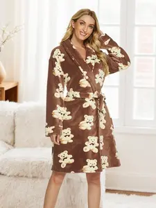 Women's Bear Print Winter Robe, Warm Knit Knee-Length Bathrobe with Belt, Long Sleeve Lapel Nightgown for Fall & Winter Home Wear Loungewear