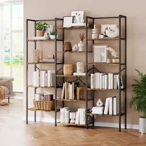Triple Column 5-Tier Industrial Bookshelf – 14 Large Display Shelves – Wide Modern Bookcase for Living Room, Home Office, Bedroom – Sturdy Rustic Brown Frame