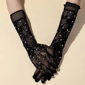 1 Pair Women’s Black Fishnet Rhinestone Party Gloves – Elegant Hollow-Out Mesh Long Gloves