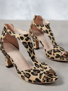 Women's Zebra Print Leopard Pattern T-Strap Chunky Heel Sandals, Summer Open Toe Back Zipper Shoes, Vintage Hot Girl Roman Style