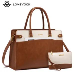 LOVEVOOK Laptop Tote Bag For Women Work, Vintage Leather Computer Bags For Laptops For Women, Waterproof Laptop Bag Business Briefcase Office Large Shoulder Handbag Purse