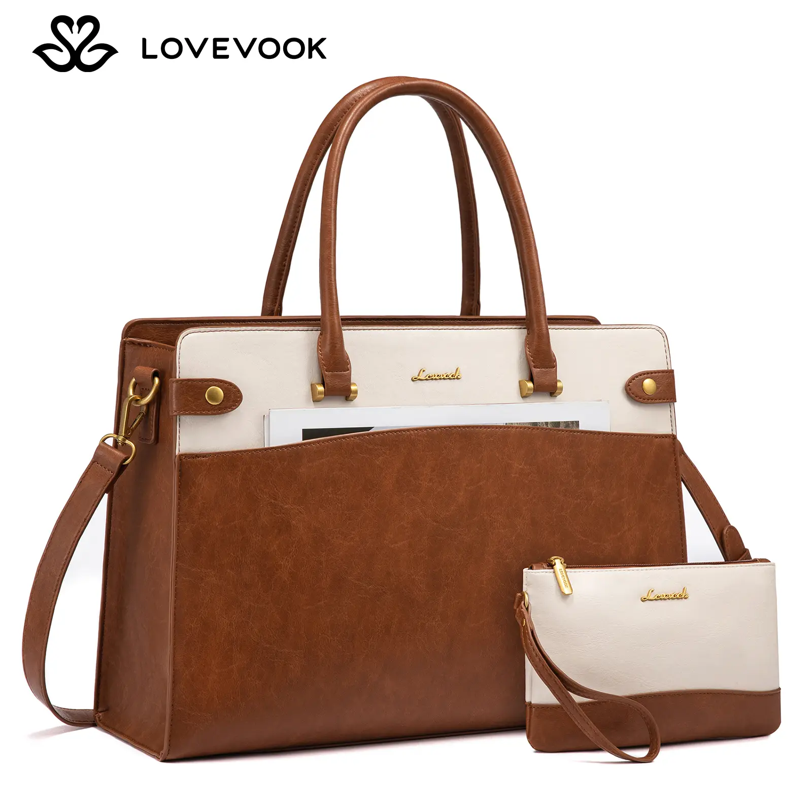 LOVEVOOK Laptop Tote Bag For Women Work, Vintage Leather Computer Bags For Laptops For Women, Waterproof Laptop Bag Business Briefcase Office Large Sh