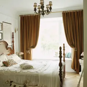 French Vintage Caramel Velvet Curtains, Bedroom Window Light Blocking Drapes, American Country Style Decorative Hooks Included