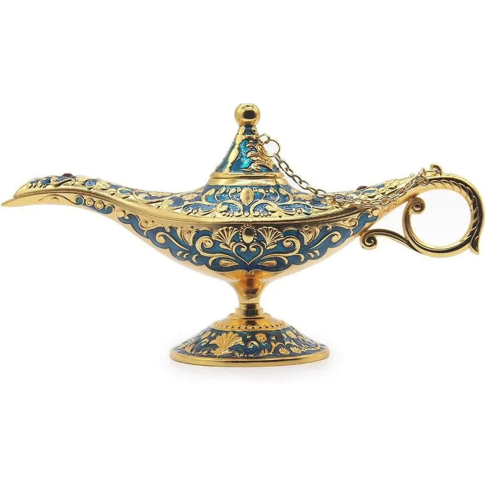 Vintage Zinc Alloy Magic Genie Home Table Lamp with Enamel Color Craftsmanship, Golden-Blue Floral Design, Removable Lid, Circular Base, 20.7x7x11cm, Luxurious Beauty for Kitchen & Masquerade Party Decoration, Classic Collectible, Ideal Housewarming Gift