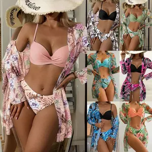 Three-Piece Women's Geometric Print Drawstring Swimsuit Set, Bikini Sets, Ladies Swimwear for All Seasons, Bikini Swimsuits