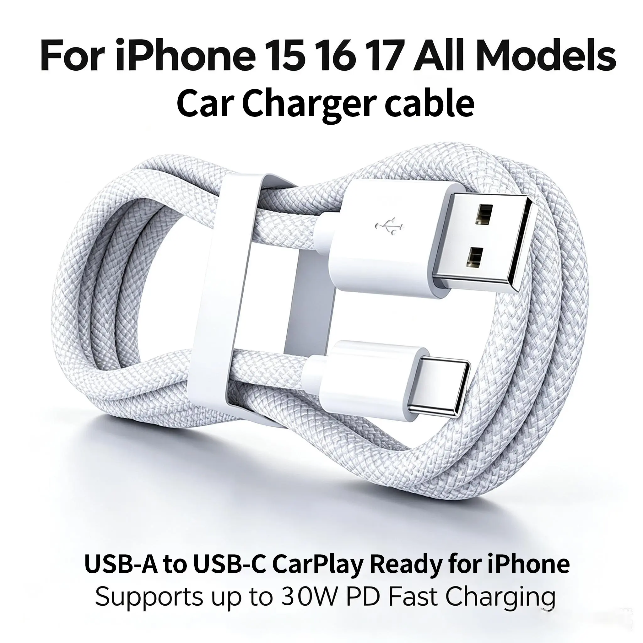 Kaxoe USB-A to USB-C Car Charger cable,CarPlay Ready,Braided 30W PD Fast Charging cable,48-Strand Durable Cord with Silicone Reinforced Head,Compatible with iPhone 15 16 17 Pro Max,USB A to type-c cable