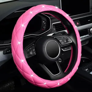 KAFEEK Diamond Soft Leather Steering Wheel Cover with Bling Bling Crystal Rhinestones, Universal 15 inch Anti-Slip，Rose Red