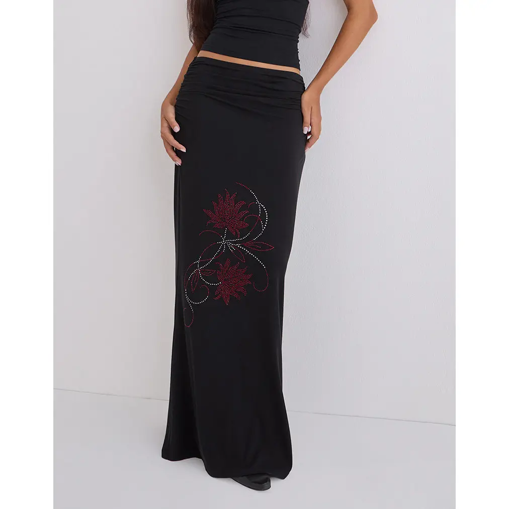 Naisra Maxi Skirt in Cupro Diamante Flower Black