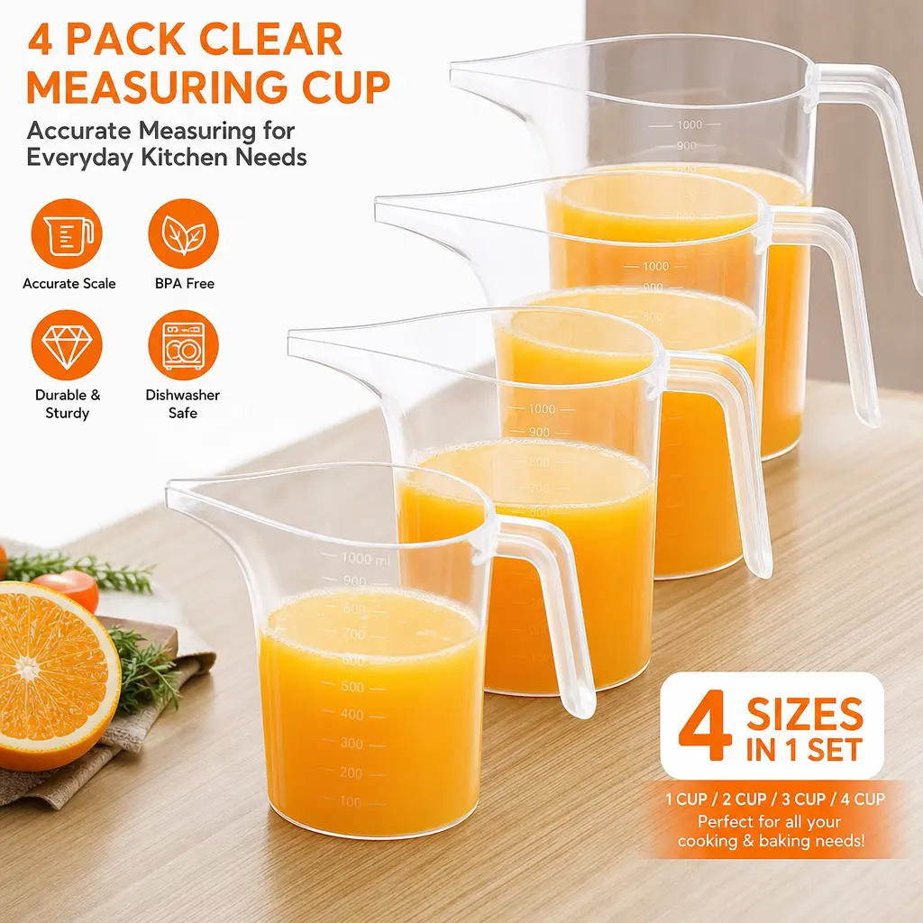 4-Pack ABS Plastic Funnel Pitcher Kitchen Utensils - 1000ml Large Capacity Easy-Pour Measuring Cup, Long Spout for Mess-Free Oil/Batter/Water, Ideal for Baking, Gardening, Soap Making, Candle Making Home Use