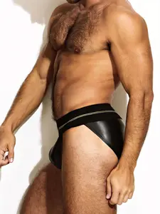 Men’s Leather-Look High-Waisted Briefs – Form-fitting with limited stretch; size up for curvier glutes. Luxurious touch, elegant contour, the perfect gift for intimacy.