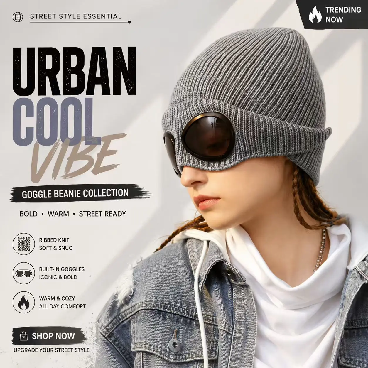 Winter Goggle Beanie Hat, Integrated Ski Goggles Cap, Windproof Snow Hat for Men Women, Warm Outdoor Skiing Snowboarding Accessories