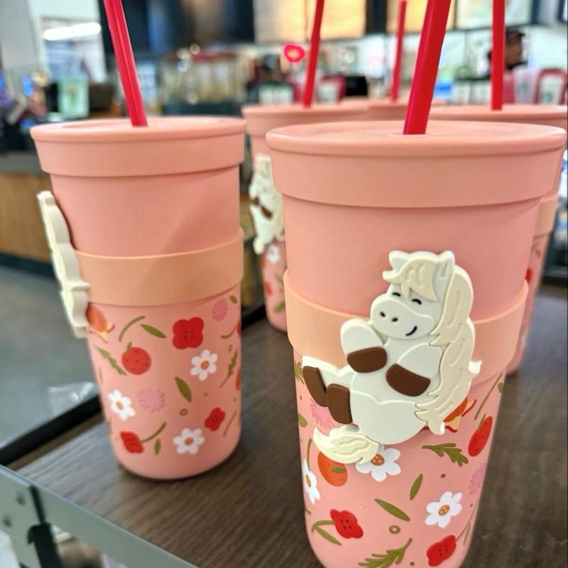 Starbucks 2026 Lunar New Year Year of the Horse Pink Cold Cup Tumbler with Floral Design and Straw Bottle