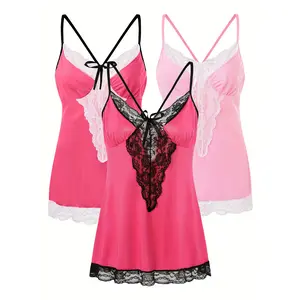 AVTKV Plus Size Backless Lace Nightgown & Cami Dress 3-Piece Lingerie Set, Soft Skin-Friendly Sleepwear Loungewear Womenswear Homewear Nightie Floral Sleeveless Floral summerwins, Silky, Spaghetti
