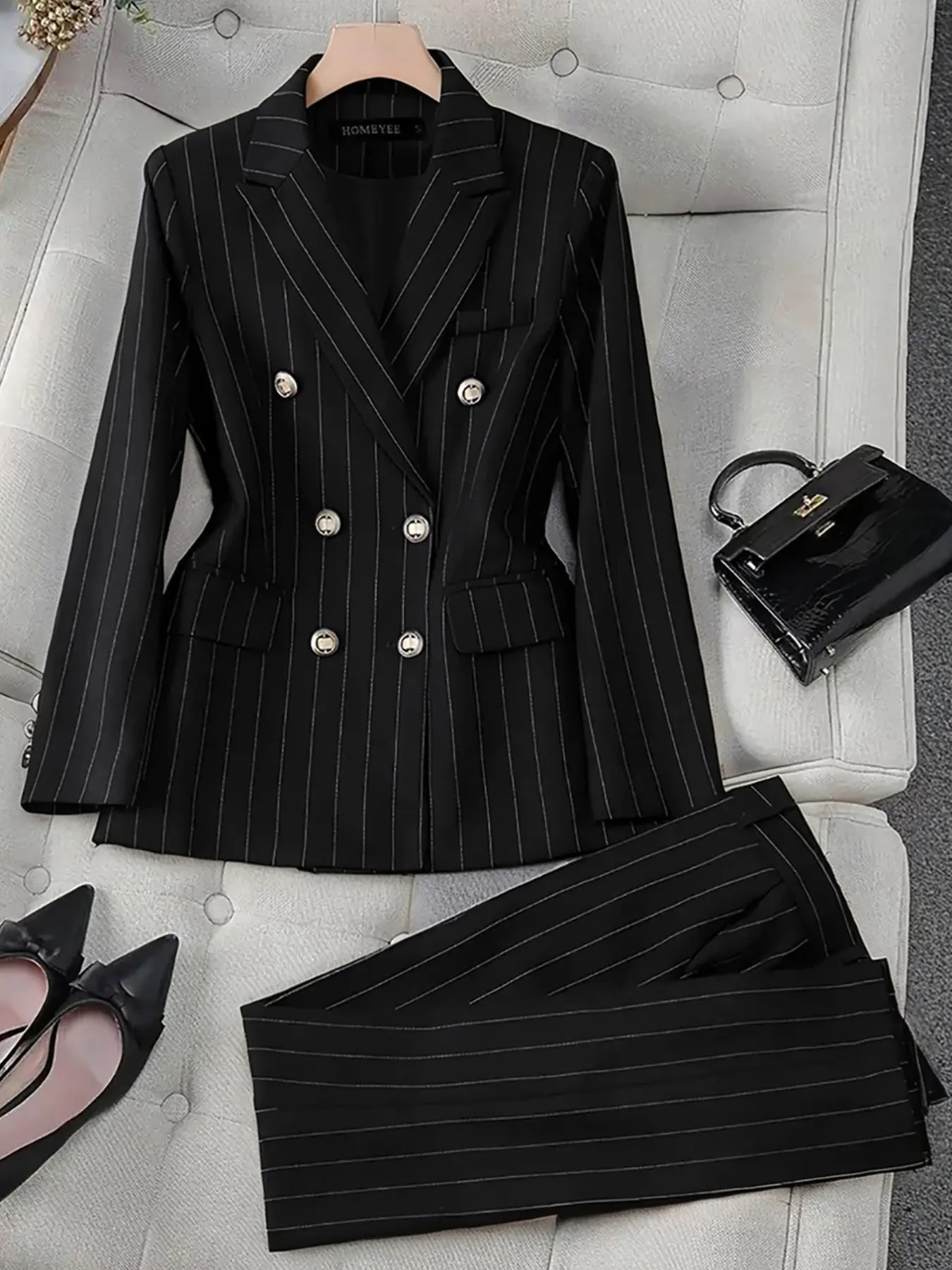 Women's Pure Color Blazer Suit Set for Autumn Winter Formal Occasions, High-End Professional Commuter Wear, Elegant Business Suits Loose Striped Fit