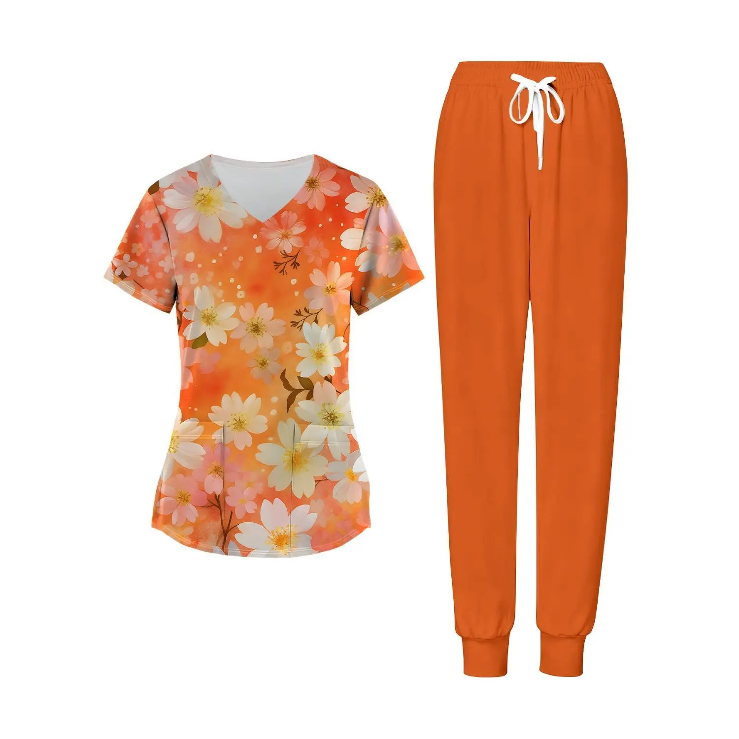 Versatile Floral Nurse Uniform Set: V-Neck Top & Drawstring Pants - Comfortable All-Season Attire for Healthcare Professionals