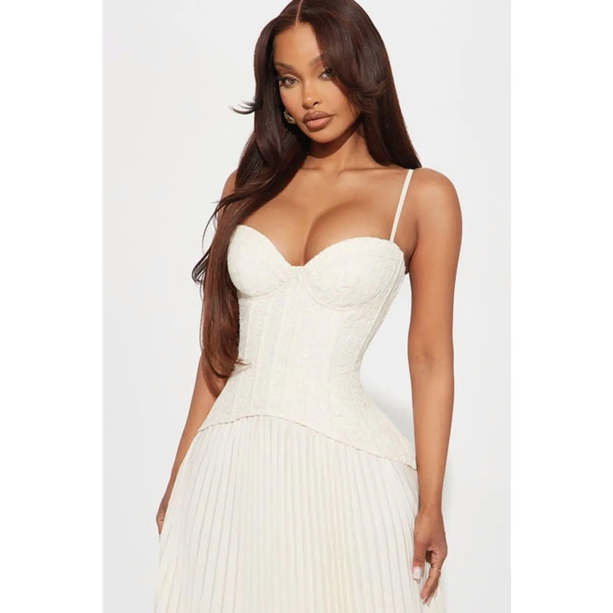 Daniella Lace Corset Pleated Maxi Dress - Cream 8