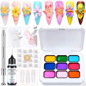 3D Patting Gel Polish Kit: 9 Colors Pat Gel Polish Palette No-Wipe Blooming Gels Nail Polish 3D Nails Sculpting Gels with Flowers Shape Silicone Mold Sponges for Ombre Aura Nails Art DIY