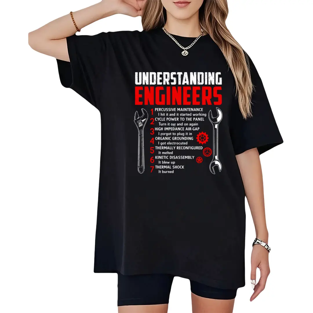 Women'S Funny Engineer Graphic T-Shirt - Sarcastic Engineering Humor with Tools & Slogans, Soft Breathable Crew Neck Tee, Lightweight Short Sleeve Shirt for Women & Men, Unisex Casual Work Apparel,