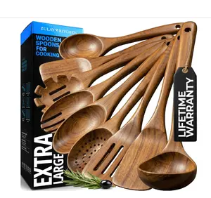 9-Piece Teak Wood Cooking Utensil Set – Non-Toxic & Non-Stick Safe Wooden Spoons & Kitchen Tools with Comfortable Grip, Smooth Finish Natural Teak – Perfect Kitchen Gift Set