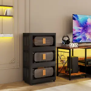 Black, 20" Side Wide Folding Storage Cabinet ,3 Tiers,19.69"×11.81"×31.10",Collapsible Storage Bins with Magnetic Door, Plastic Storage Cabinet with Wheels