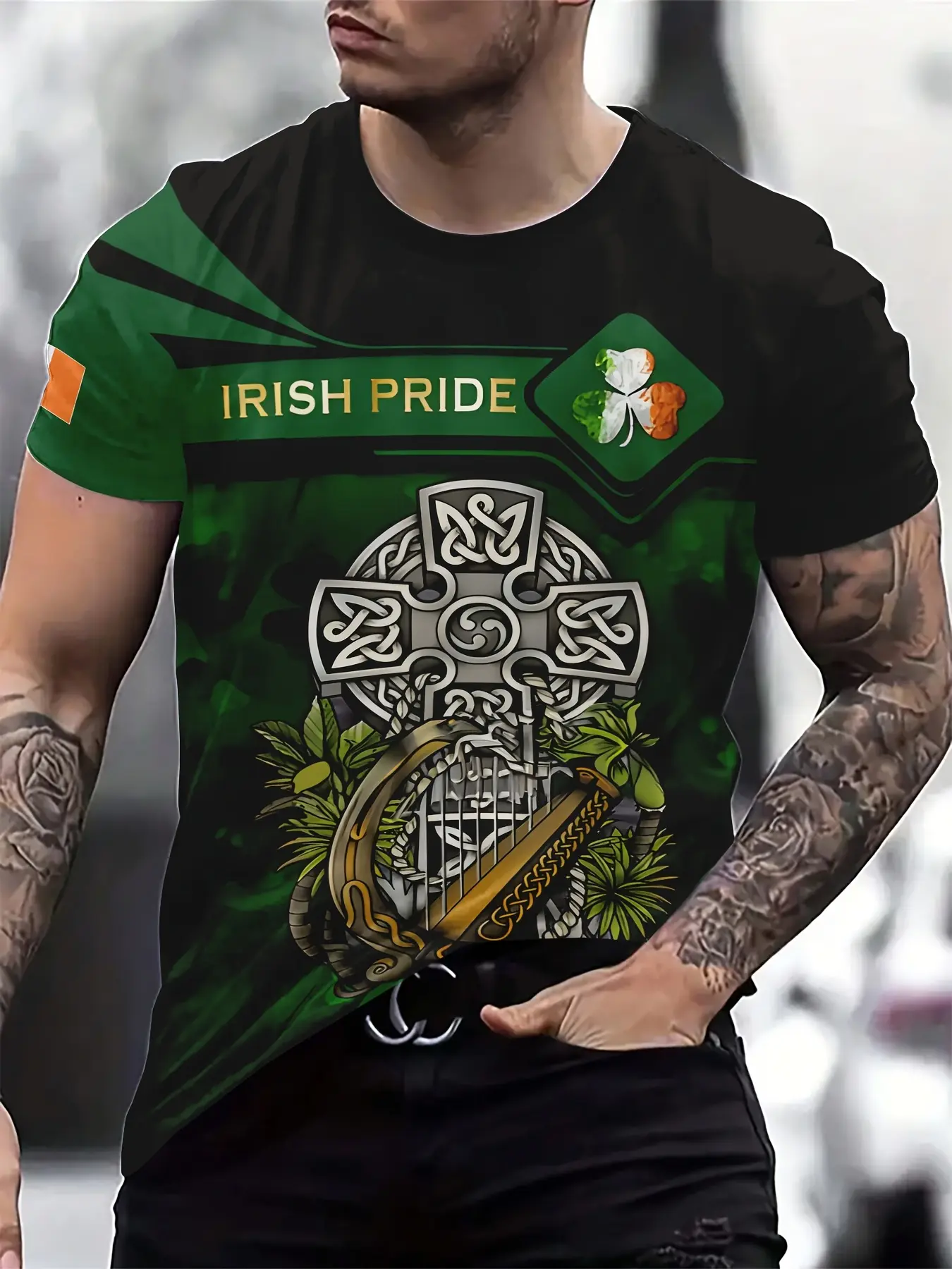 Men's Ireland Pride 3D Print Celtic Cross T-Shirt, & Polyester Round Neck, St Patrick's Day Traditional Clothing