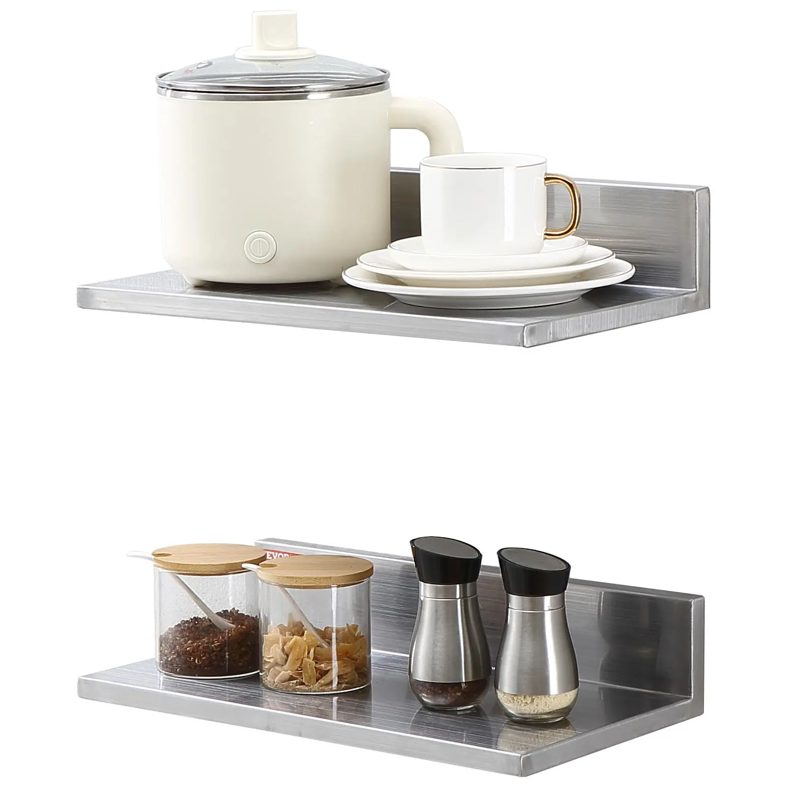 VEVOR L-Shaped Stainless Steel Floating Shelf, 8.6"x16" 1-Layer Wall Organizer with Backsplash, 44lbs (20-25kg) Durable Wall-Mounted Storage for Kitchen, Bedroom Home Supplies Decor, Shelves, Wall Organizer Shelf