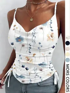 Women's Floral Print Ruched Drawstring Cami Top, Elegant Spaghetti Strap, Casual Spaghetti Strap Sleeveless Top for Summer, Women's Clothing for Daily Wear, Womenswear, Ruched Bust Cami
