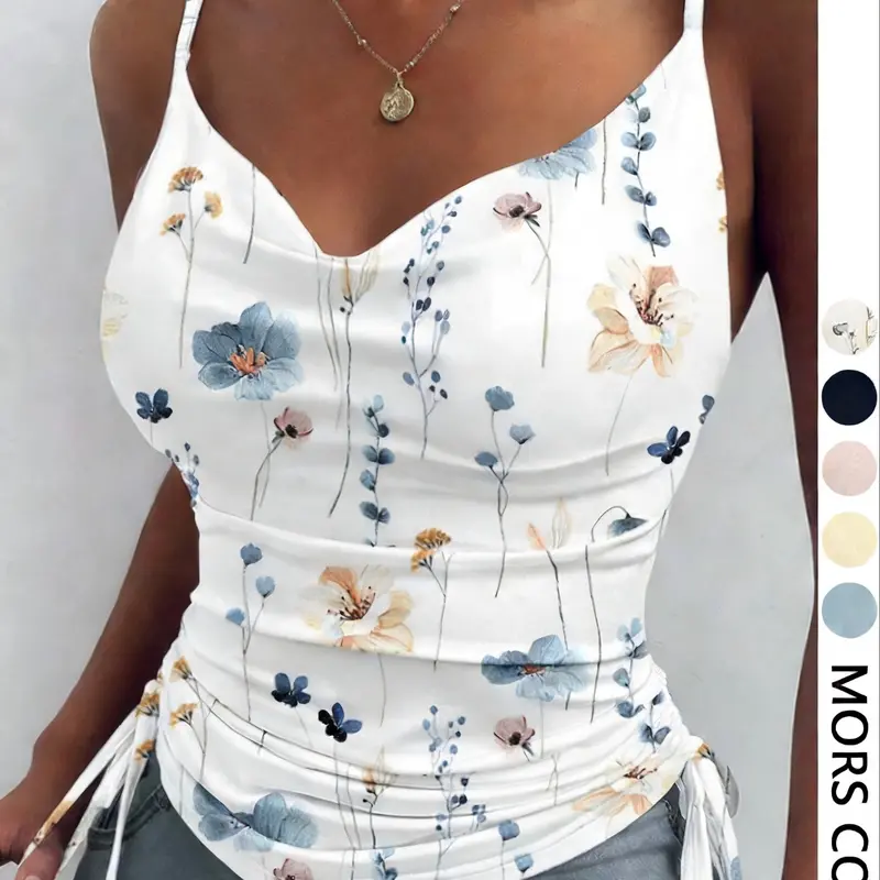Women's Floral Print Ruched Drawstring Cami Top, Elegant Spaghetti Strap, Casual Spaghetti Strap Sleeveless Top for Summer, Women's Clothing for Daily Wear, Womenswear, Ruched Bust Cami, Floral Print Camisoles
