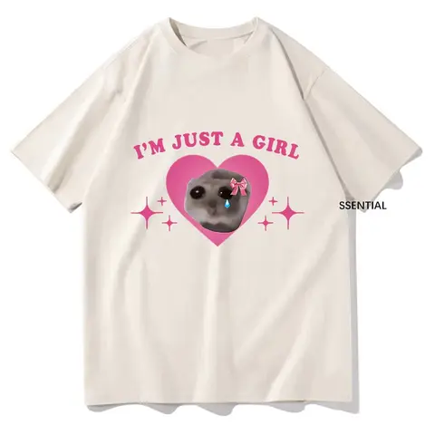 Men's Fitted Round Neck Casual Cotton Short-Sleeve Menswear T-Shirt - Cute Sad Hamster Meme "I'm Just A Girl" Graphic Print, Harajuku Aesthetic Streetwear Top, Fitted Cut, All Seasons Basics, Cold Wash Only, Christmas