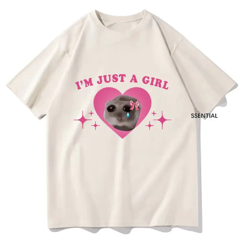 Men's Fitted Crew Neck Casual Cotton Short-Sleeve T-Shirt - Cute Sad Hamster Meme "I'm Just A Girl" Graphic Print, Harajuku Aesthetic Streetwear Top, All Seasons Basic, Cold Wash Only, Christmas, Shortsleeve