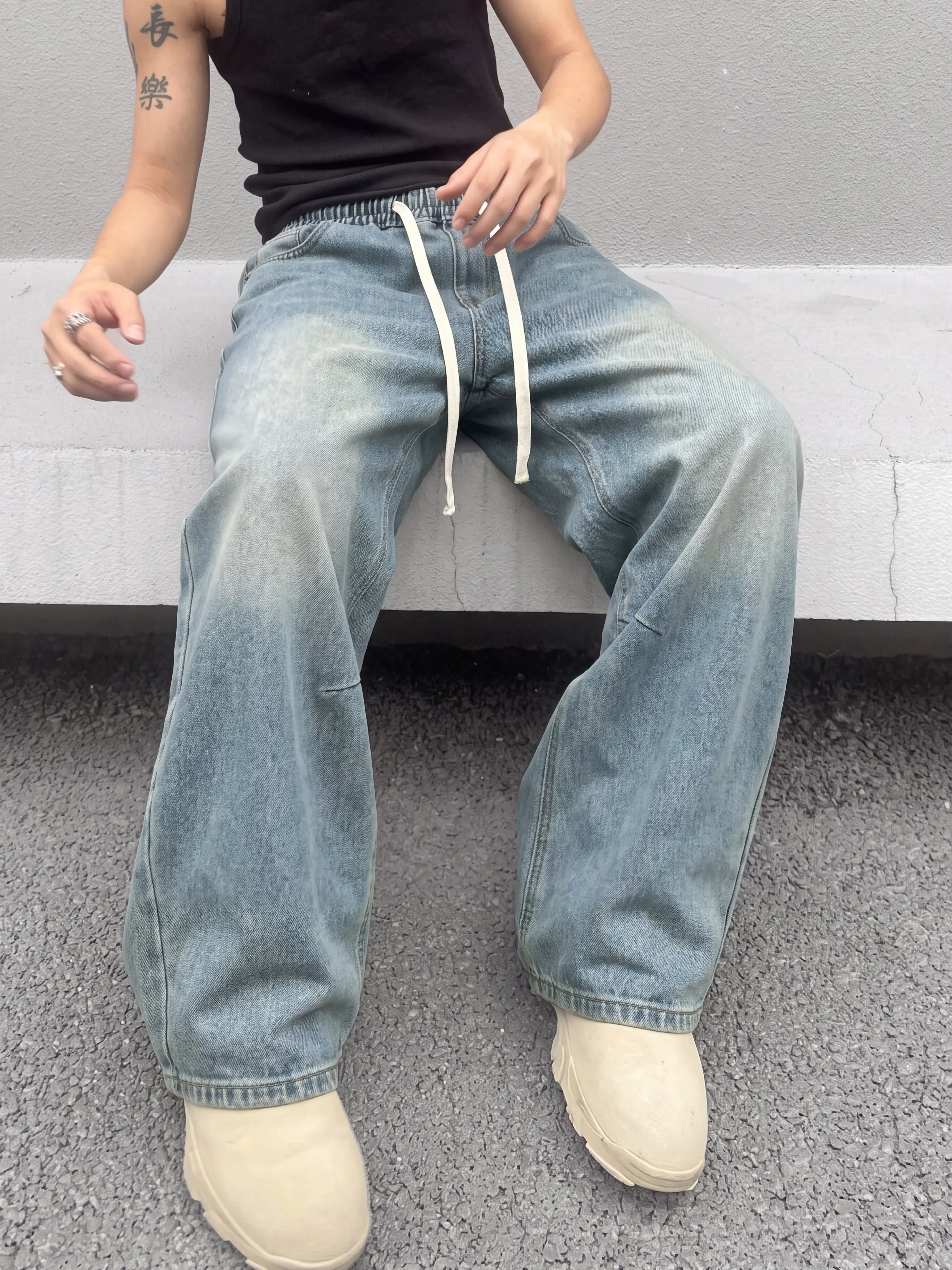 Men's Extreme Baggy Jeans - Casual Minimalist Menswear Trousers with Drawstring, Plain Pockets, Light Indigo/Black Options, Polyester-Cotton-Viscose Blend, Streetwear Style, All Seasons Bottoms wide-leg good summerwins,summerwins