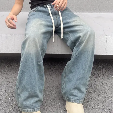 Men's Extreme Baggy Denim Jeans - Vintage 90s Retro Preppy Chic Rock Style, Polyester-Cotton-Viscose Blend, Loose Wide-Leg Drawstring, Plain Pockets, All-Season Casual Minimalist Streetwear, Light Indigo/Black/S1 Blue, Thanksgiving Outfit